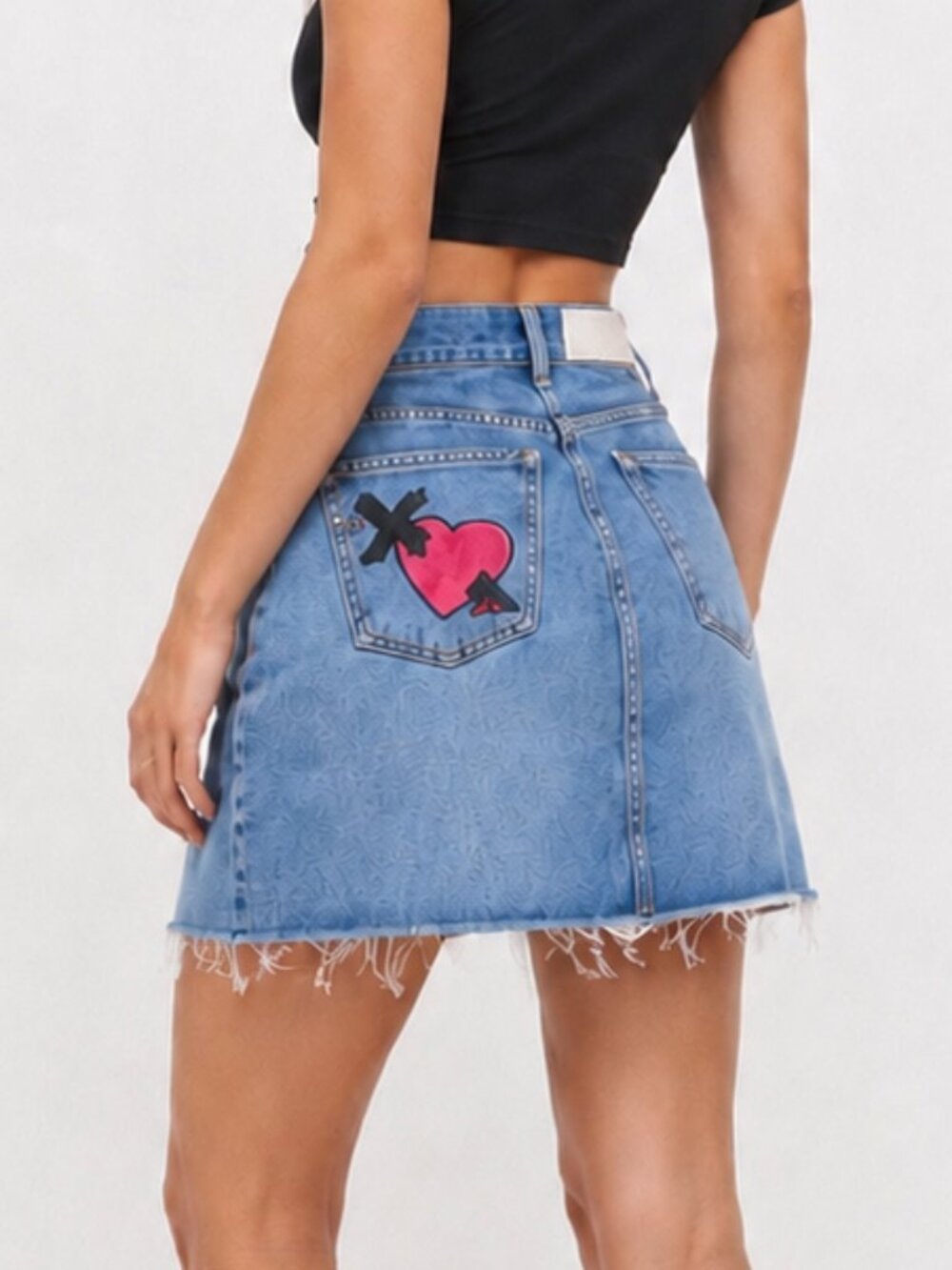 Re/Done back pocket broken heart detail high waist mini denim skirt Sz 25